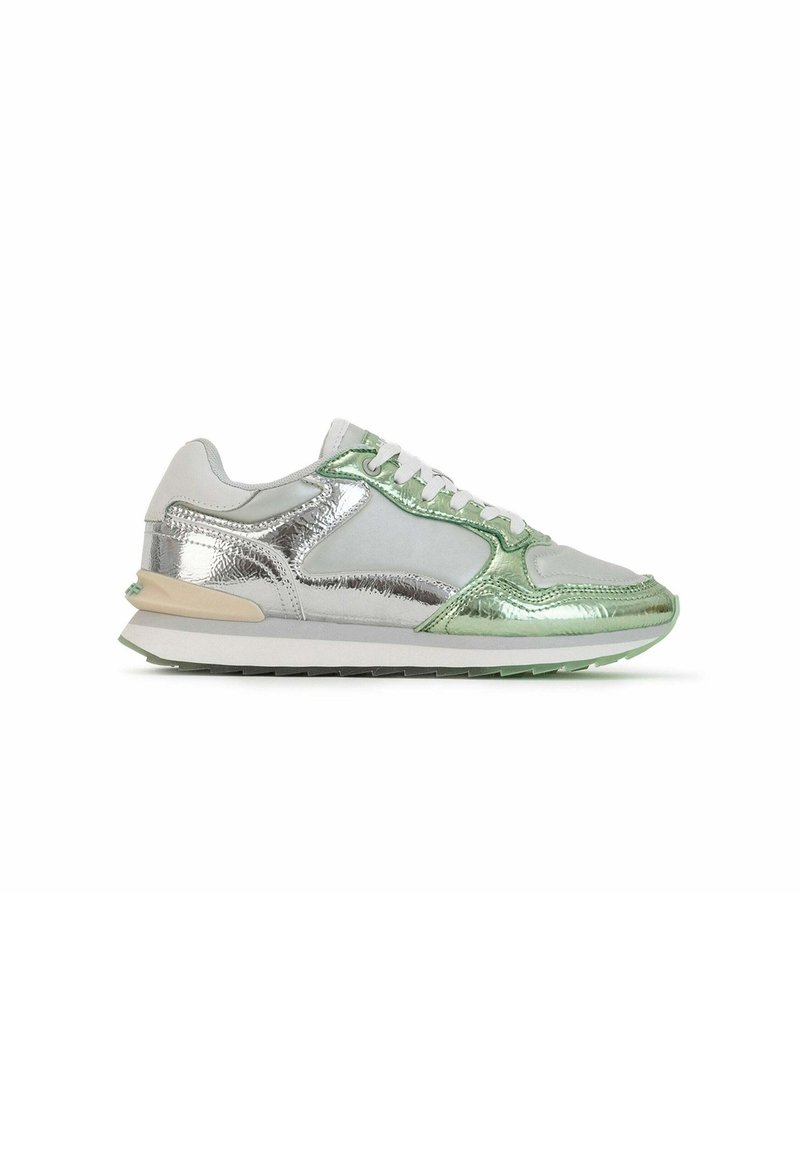 Sneakers with a silver and green metallic finish, featuring a textured design, lightweight materials, and a white rubber sole.