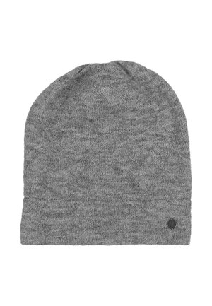Berretto di lana grigia lavorato a maglia con un bordo ripiegato e un piccolo logo circolare nero sul bordo inferiore.