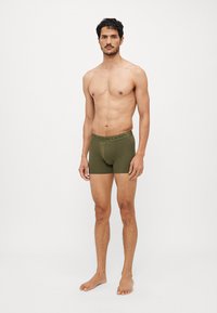 Zöld pamut boxer alsónadrág logóval ellátott derékrésszel, testhezálló dizájnnal és sima felszínnel, mezítláb viselt férfi modellen.