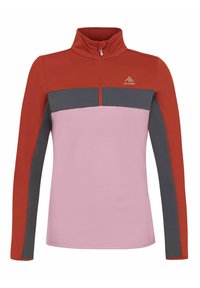 Pullover mit Reißverschluss und langen Ärmeln, mit rotem Oberteil, pinkem Körper und grauem Streifen. Hergestellt aus glattem, dehnbarem Material für besonderen Komfort.