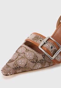 Παπούτσι με μυτερή μύτη και επάνω μέρος πλεγμένο σε καφέ και μπεζ αποχρώσεις, μεταλλική αγκράφα και υφή με λαμπερά στοιχεία.