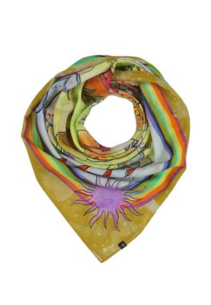 Square silk scarf folded in a spiral with colorful rainbow stripes and abstract sun and floral designs on mustard yellow background.