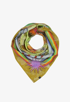 Square silk scarf folded in a spiral with colorful rainbow stripes and abstract sun and floral designs on mustard yellow background.