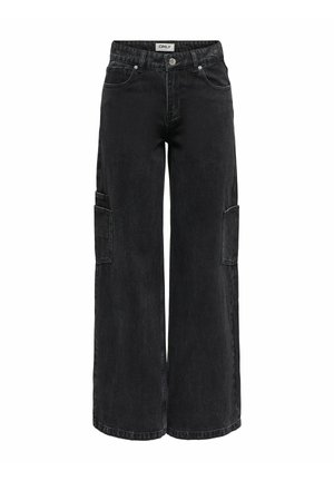 Schwarzweite Cargo-Jeans mit weitem Bein, seitlichen Taschen, Metallbeschlägen und klassischem Fünf-Taschen-Design. Strapazierfähiger Stoff mit leicht strukturiertem Finish.