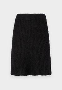 Black knitted skirt with a textured pattern, mid-length, and wide waistband. Material appears soft with a slightly fuzzy surface.