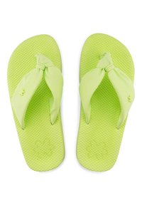 Green flip-flops featuring a textured sole and knotted fabric straps, designed for comfort with a simple, modern shape.