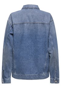 Veste en denim bleu vue de dos avec manches longues, col, détails de coutures et poignets boutonnés sur fond blanc.