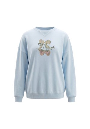 Lyseblå langærmet sweatshirt med ribbet manchetter og kant, med et forrest design af to kirsebær med en sløjfe i pastelfarver.