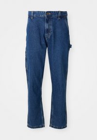 Blue denim jeans featuring a straight cut, five-pocket design, and reinforced stitching, with a slightly worn texture and hemmed cuffs.