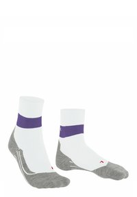 Viertellange Socken in Weiß mit einem lila Band. Graue Fersen- und Zehenbereiche mit hellgrauen Details. Weiches Material und bequeme Passform.