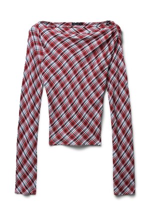 Red, white, and black plaid long-sleeve top with a wide neckline and fitted silhouette displayed against a white background.