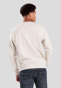 Light beige sweatshirt with long sleeves and ribbed cuffs. Slightly stretchy fabric, featuring a small logo printed on the upper back.