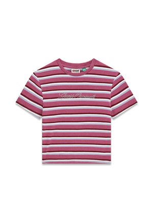 T-shirt rayée en bordeaux, lilas et blanc. Col rond et manches courtes. Texte brodé "Guess Originals" sur le devant.