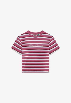 T-shirt rayée en bordeaux, lilas et blanc. Col rond et manches courtes. Texte brodé "Guess Originals" sur le devant.