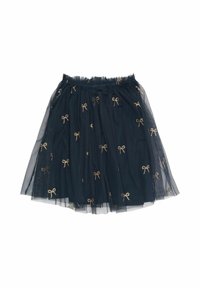Falda de tul azul marino con lazos bordados en oro, cinturilla elástica, diseño en capas y una textura suave y ligera.