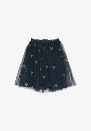 Námornícka tylová sukňa so zlatými vyšívanými mašľami, elastickým pásom, vrstveným dizajnom a jemnou, ľahkou textúrou.