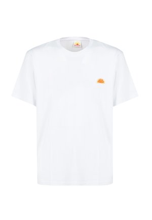 T-shirt bianco in cotone con maniche corte e scollo rotondo; presenta un piccolo design di sole arancione nell'area sinistra del petto.