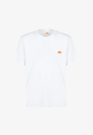 T-shirt bianco in cotone con maniche corte e scollo rotondo; presenta un piccolo design di sole arancione nell'area sinistra del petto.
