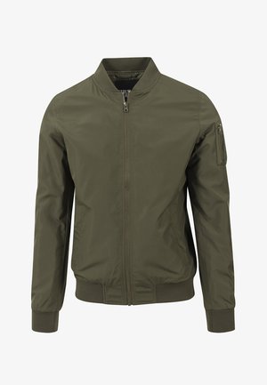Olivgroene bomberjack met ritssluiting aan de voorkant, geribde kraag, manchetten, tailleband en een ritssluiting aan de linkermouw.