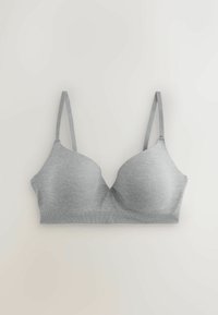 Soutien-gorge sans fil gris doux avec bretelles fines réglables et bonnets moulés, posé à plat sur un fond clair.