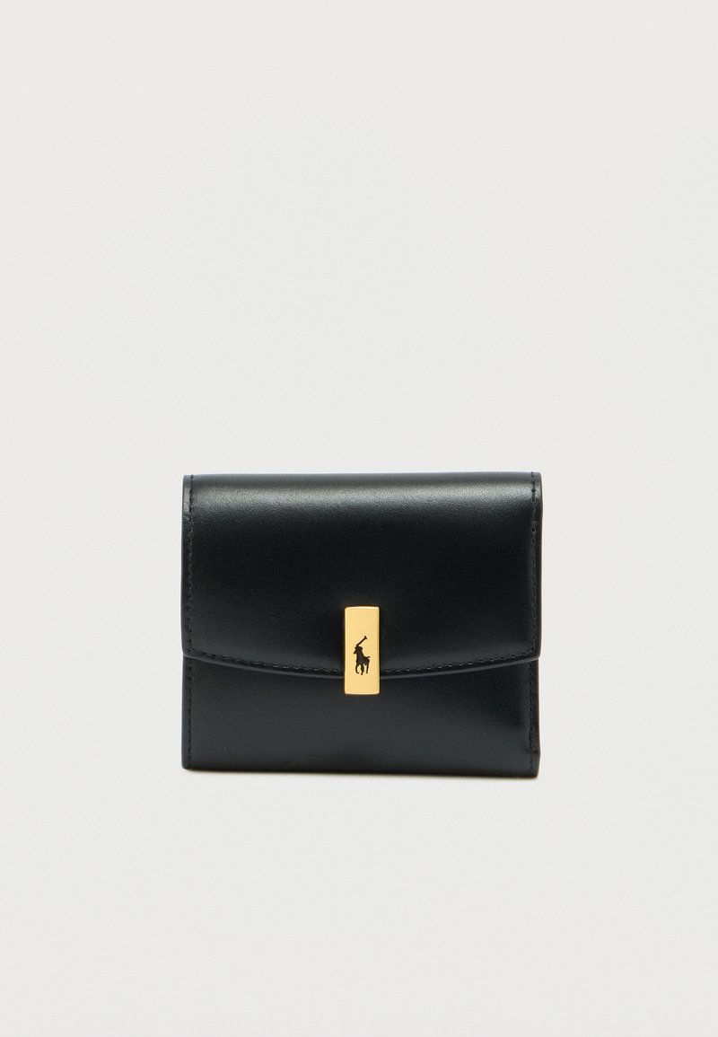 Black leather wallet with a smooth texture, snap closure, and a gold rectangular accent featuring a logo of a pony.