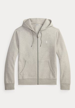 Sweat à capuche gris clair zippé avec poches avant, cordon de serrage à la capuche et petit logo blanc brodé sur la poitrine.