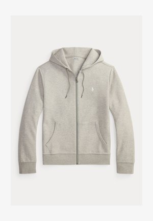 Light gray zip-up hoodie with front pockets, drawstring hood, and small white embroidered logo on chest.