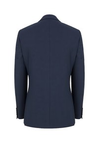 Granatowa marynarka, gładki materiał, jednorzędowy fason z klapami, długie rękawy i rozporek z tyłu dla większej swobody ruchów.