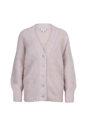Cardigan rose clair en matériau doux et texturé avec un col en V, des manches longues et six boutons transparents sur le devant.