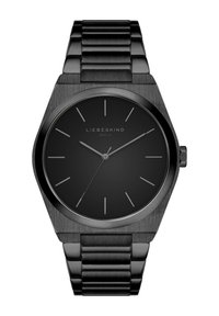 Orologio in acciaio inox nero con cassa ottagonale, quadrante nero opaco e indici delle ore argentati; presenta un design del bracciale elegante e minimalista.