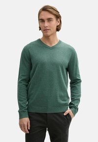 Pulover verde, cu mâneci lungi și decolteu în V, realizat dintr-un material tricotat moale. Are manșete și margine cu model din jarse. Este purtat cu pantaloni închiși la culoare, evidențiind o croială lejeră.