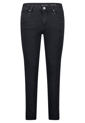 Schwarze Jeans aus Denim mit fitted Design, fünf Taschenstil, Knopfverschluss vorne und dezenten Nahtakzenten. Glatte Textur.