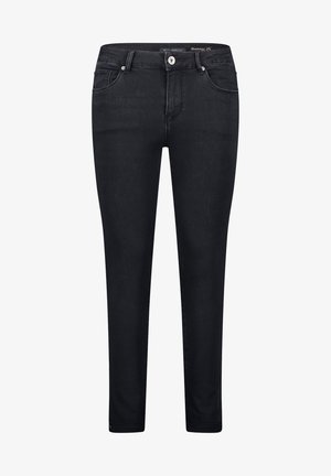 Schwarze Jeans aus Denim mit fitted Design, fünf Taschenstil, Knopfverschluss vorne und dezenten Nahtakzenten. Glatte Textur.