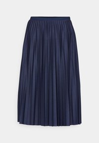 Jupe midi plissée bleu foncé avec taille élastique sur fond clair.