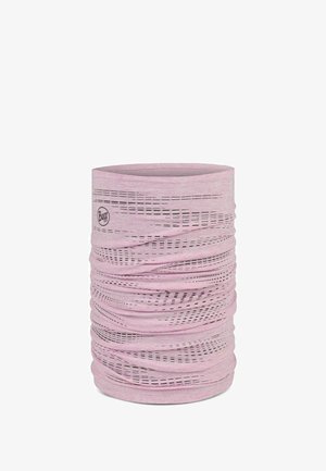 Braga multifuncional para el cuello, forma cilíndrica, tela rosa suave, transpirable con perforaciones decorativas, logo en un lado.