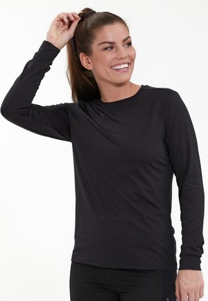 Black long-sleeve athletic shirt made of smooth, lightweight fabric. Features a round neckline and fitted design for comfort and ease of movement.