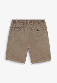Pantaloni scurți din bumbac maro, cu talie elastică și două buzunare la spate, având închideri cu buton și o textură netedă.