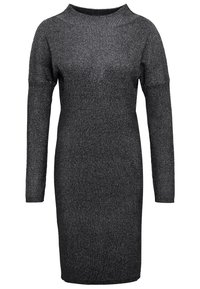 Abito in maglia nero, caratterizzato da una texture a costine, scollatura a barca e maniche lunghe. Silhouette liscia e aderente con lunghezza fino a metà polpaccio.