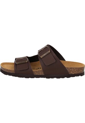 Braune Riemchensandalen mit zwei verstellbaren Riemen, Korkfußbett, Gummisohle und metallischen Akzenten an den Riemen. Leicht und mit offener Zehenpartie.