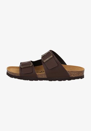 Braune Riemchensandalen mit zwei verstellbaren Riemen, Korkfußbett, Gummisohle und metallischen Akzenten an den Riemen. Leicht und mit offener Zehenpartie.