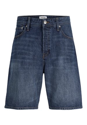 Mørkeblå denimshorts med frontknapp, glidelås, beltestropper og design med fem lommer, merket "JACK & JONES" på innsiden av linningen.