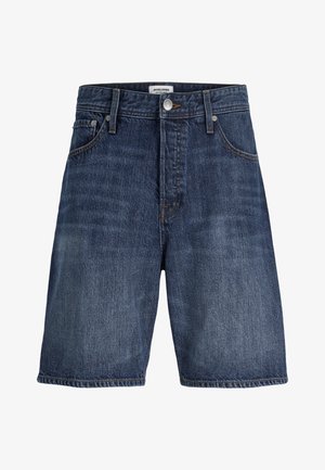 Tumed sinised teksapüksid esiküljel nööbi, tõmbluku, vööaasade ja viie taskuga, sisemisel vöökohal silt "JACK & JONES".