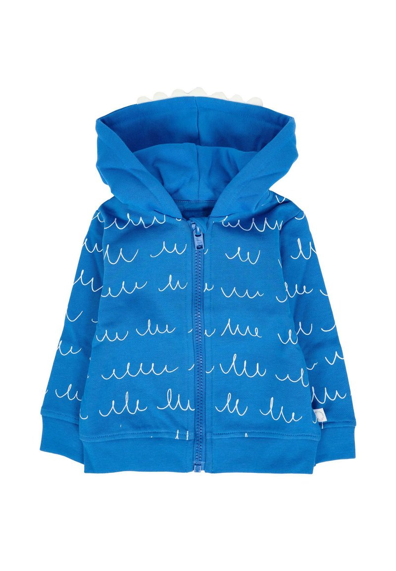 Felpa blu per bambini con modelli a onda bianchi, chiusura frontale con cerniera e cappuccio con piccoli spuntoni di stoffa lungo la parte superiore.