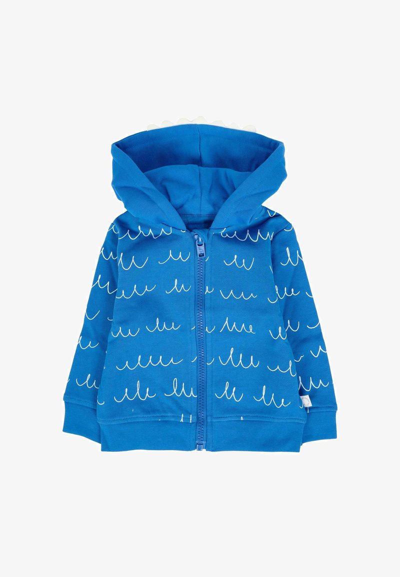Blauwe peuter hoodie met witte golfpatronen, ritssluiting aan de voorkant en een capuchon met kleine stoffen spikes aan de bovenkant.