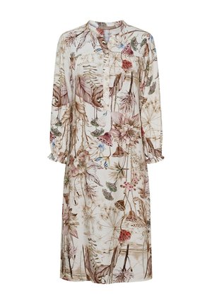 Langærmet, knælængde cremefarvet kjole med en knappet krave, med et detaljeret blomstret og botanisk print i dæmpede lyserøde, brune og grønne nuancer.