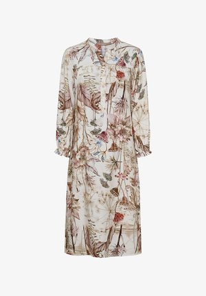 Langærmet, knælængde cremefarvet kjole med en knappet krave, med et detaljeret blomstret og botanisk print i dæmpede lyserøde, brune og grønne nuancer.