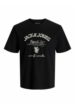 Sort bomulds t-shirt med korte ærmer, der har et grafisk print i hvidt og gråt med tekst og et dragedesign på fronten.