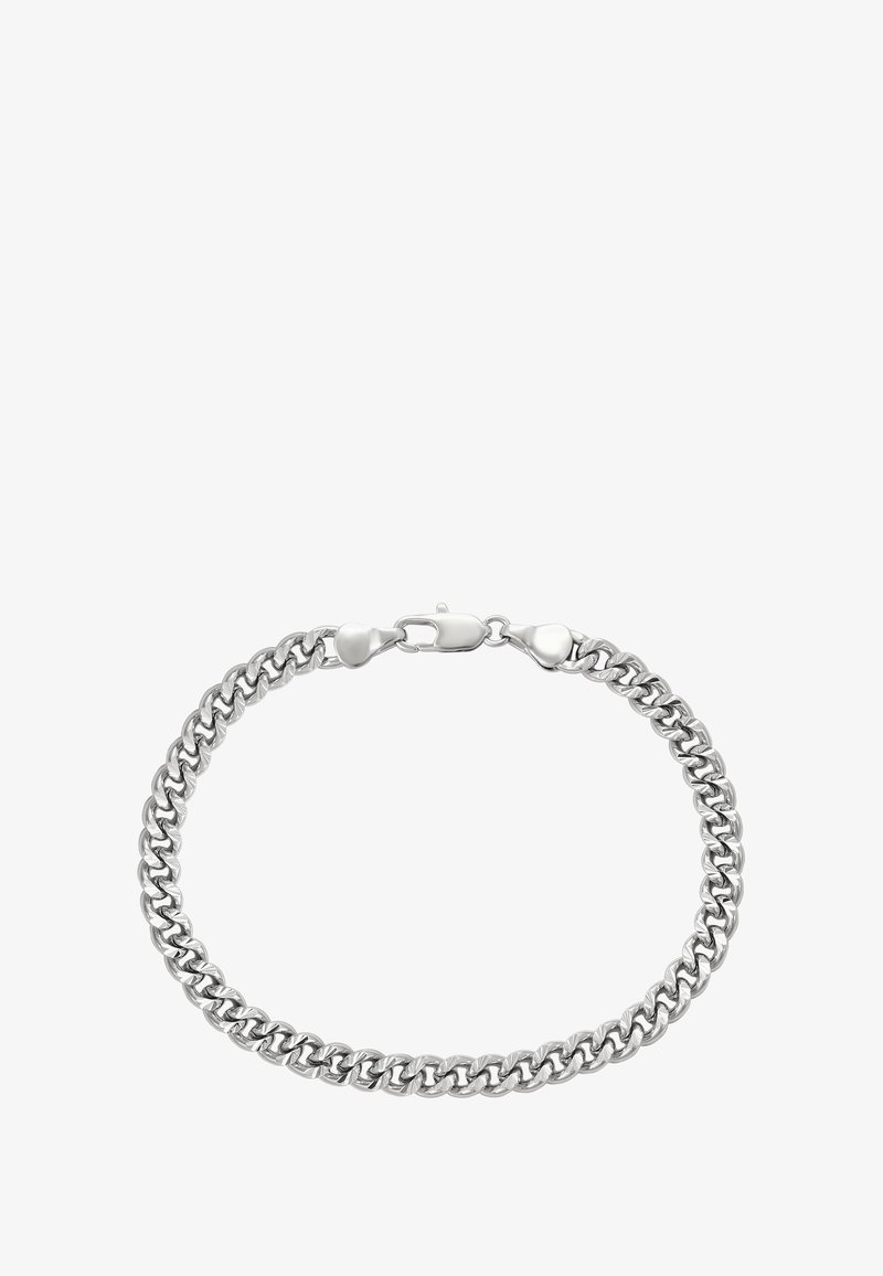 Strieborný kovový náramok z reťaze s prepojenými článkami a uzáverom na homáre na bielom pozadí.