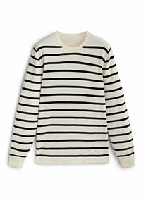 Langärmliges T-Shirt in Creme mit horizontalen schwarzen Streifen. Mit rundem Ausschnitt und gerippten Bündchen. Weicher, leichter Stoff.