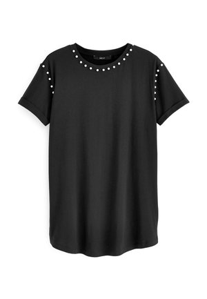 Black short-sleeve t-shirt with round neckline, featuring pearl-like embellishments along the neckline and sleeves. Soft, smooth fabric.